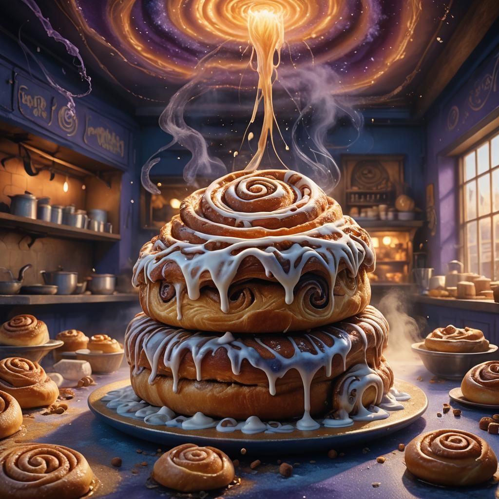Cinnamon Roll in Whimsical Bakery, Fantasy Art