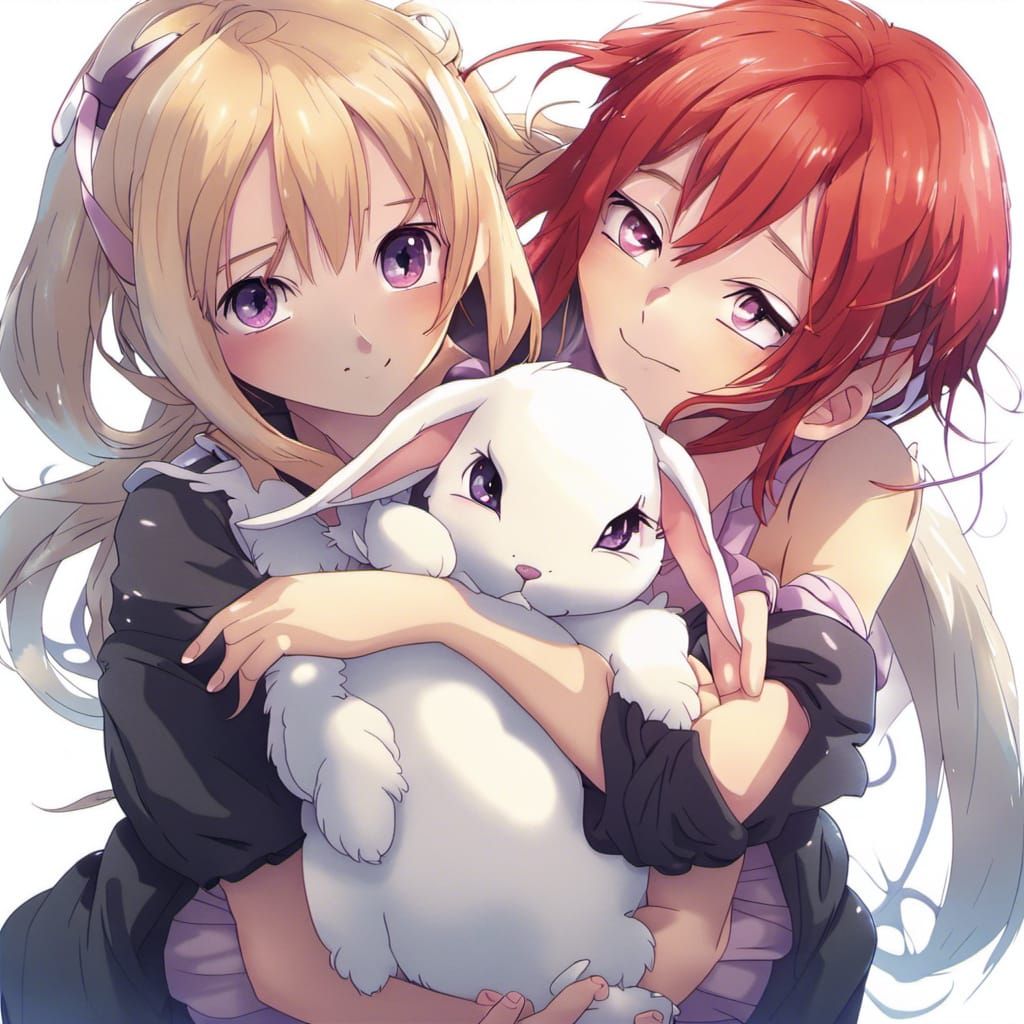 Anime Girls with Bunny in Manga Style