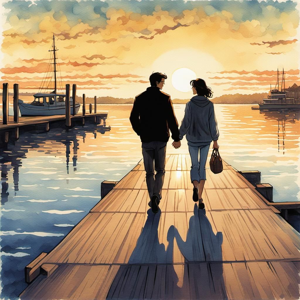 Silhouetted Couple at Dusk in Pencil Color Style