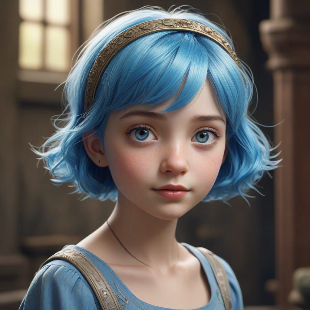 Whimsical Watercolor Portrait of a Blue-Haired Girl in a Sci...