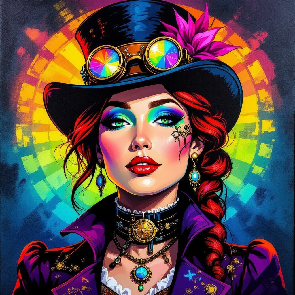 Steampunk Woman Portrait in Blacklight Acrylic Style