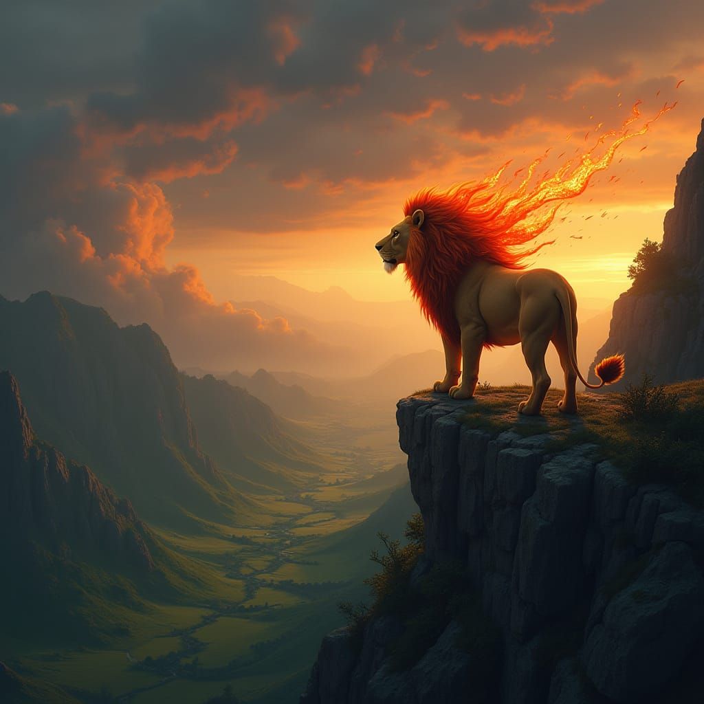 Majestic Lion with Fiery Mane and Golden Sunset