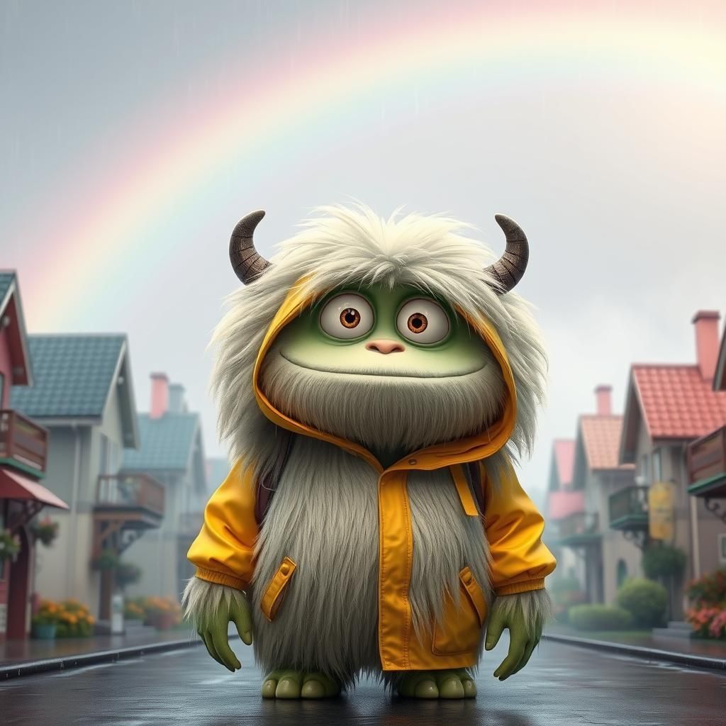 Whimsical Rainy Day Monster in a Quaint Neighborhood