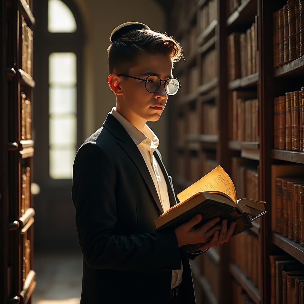 Young Haredi Boy in Ancient Library, Clutching Worn Book