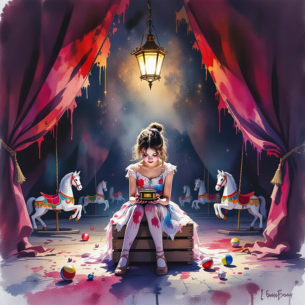 Melancholy Acrobat in Deserted Circus Tent Watercolor