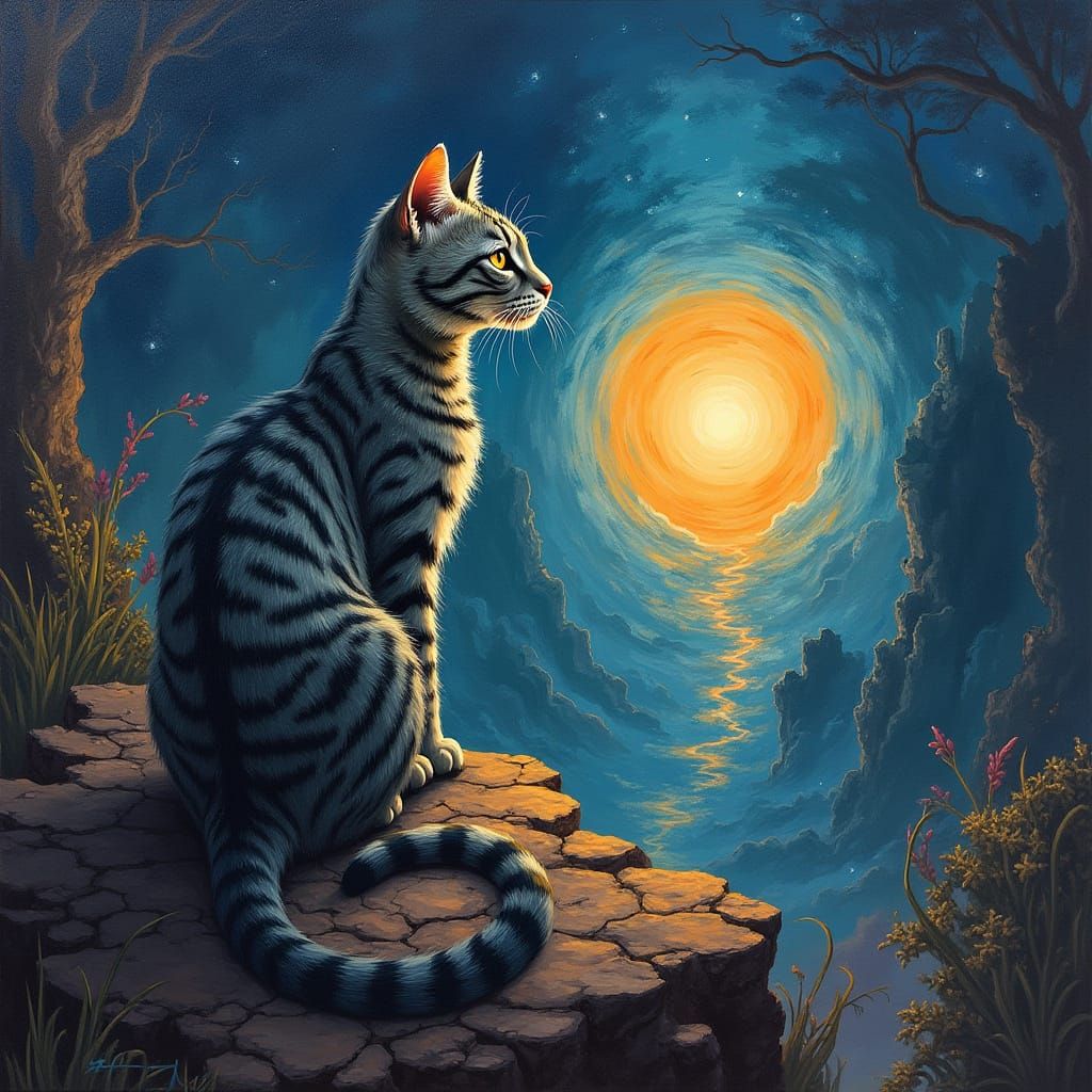Tabby Cat Gazing into Mystical Portal as Acrylic Art