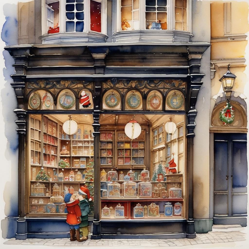 Charming Christmas Toy Shop Window in Watercolor Style