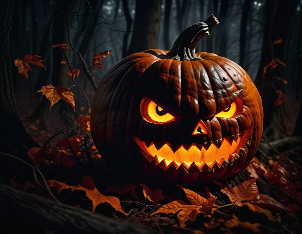 Flaming Halloween Pumpkin Laughs in Dark Gothic Forest