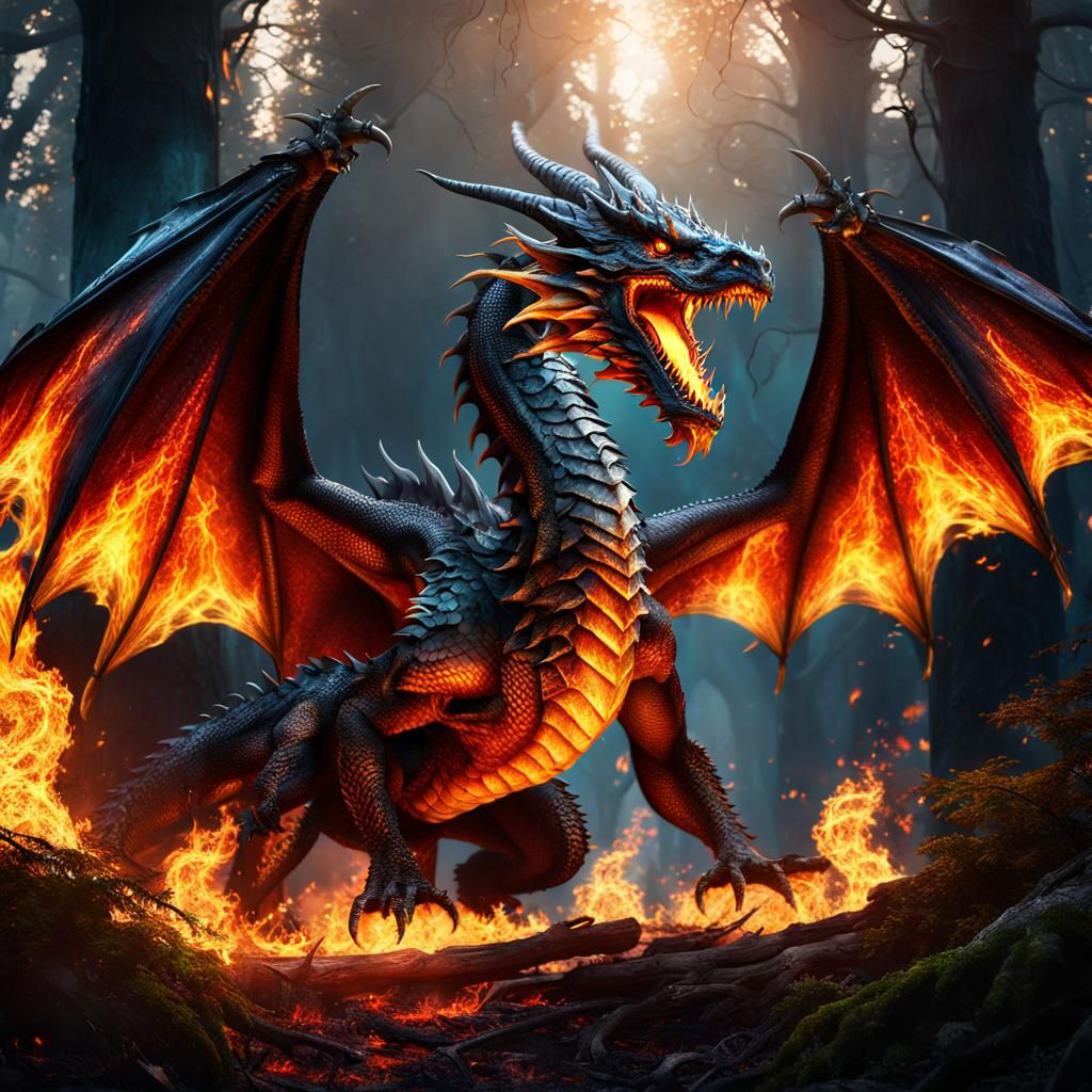 Majestic Fire Dragon Soaring Through Mystical Forest