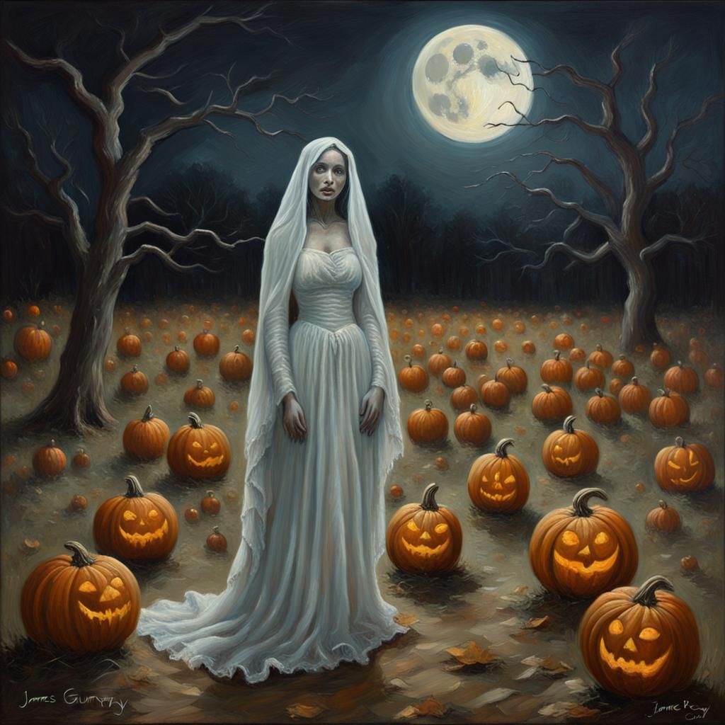 Haunted Pumpkin Patch Ghost in Oil Painting Style