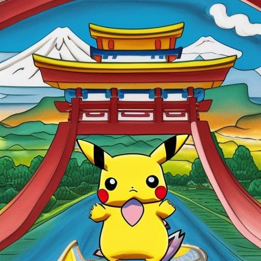 Pikachu Selfie at Mount Fuji in Gouache Wonderland
