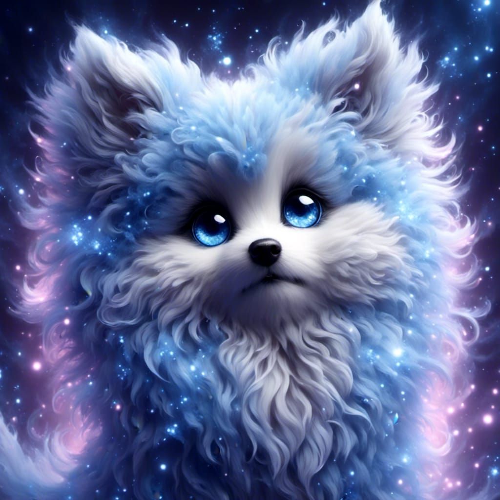 Adorable Blue Fluffy Chibi Puppy with Sparkling Eyes