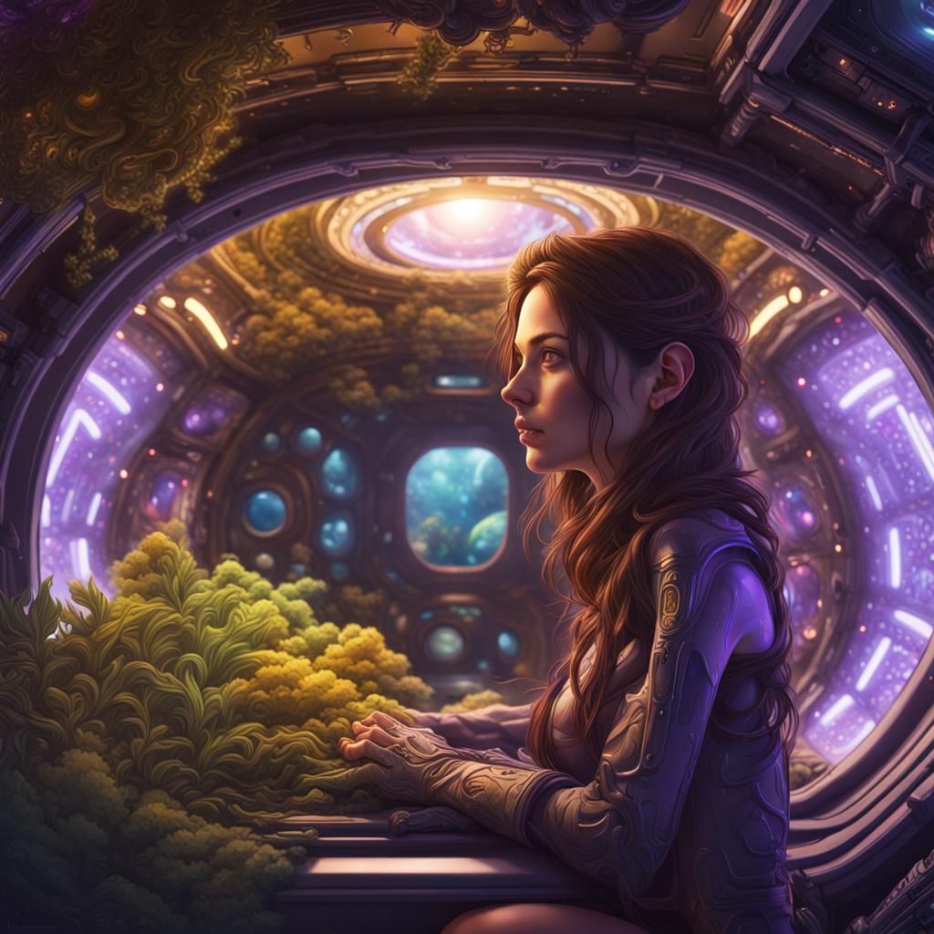 Girl in Spaceship with Alien Plants, Psychedelic Fractal Art