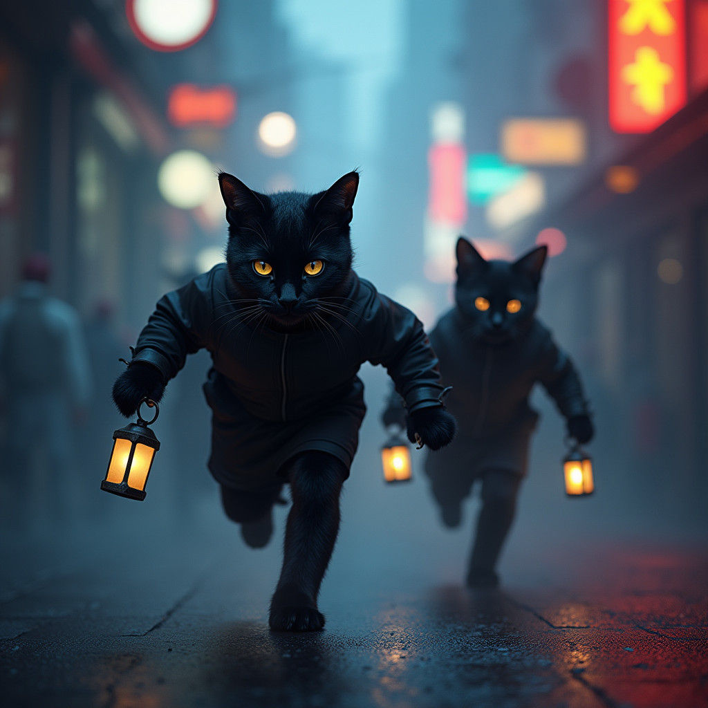 Feline Ninjas in Neon Cityscape Film Still