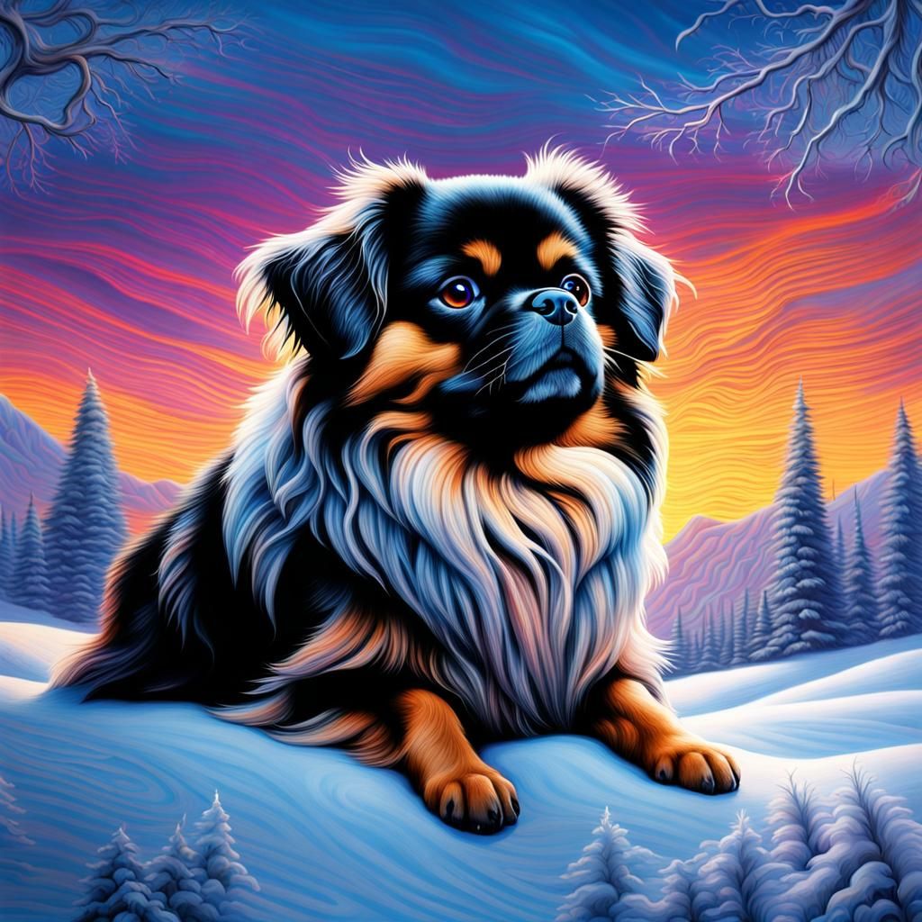 Tibetan Spaniel Dreamscape in Black Light Hyper-Realism