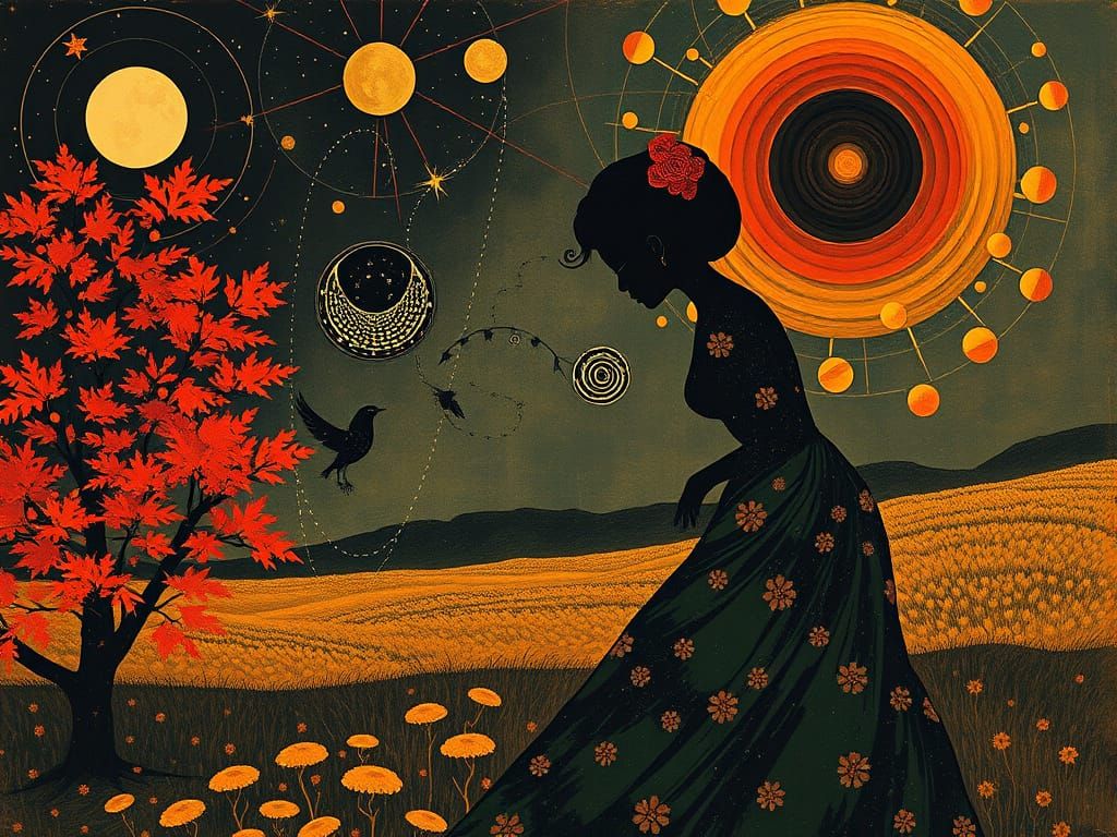 Cosmic Autumn Woman in Barbaric Style