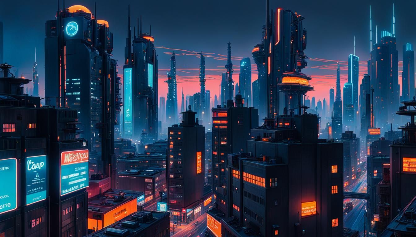 Futuristic Cityscape at Dusk in Neo-Cubist Style