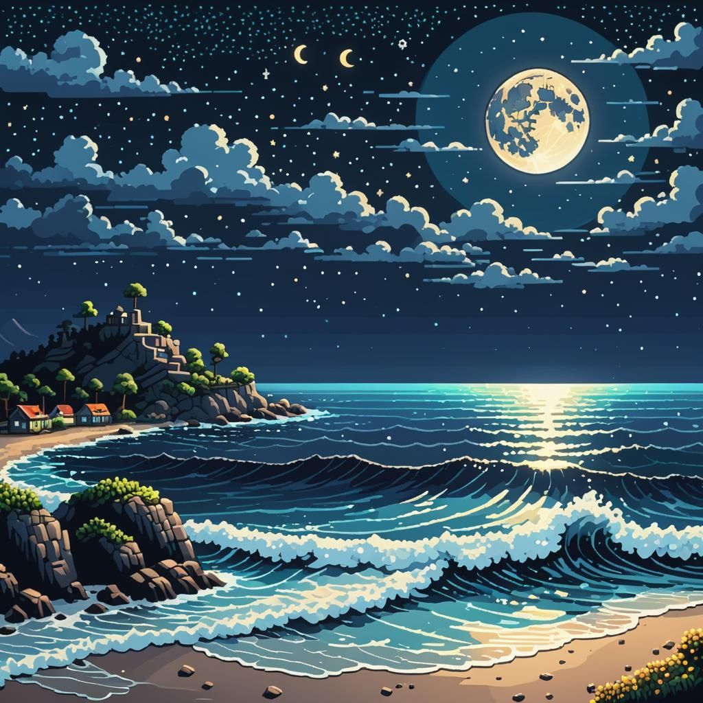Pixel art style landscape of the ocean at night. The October...