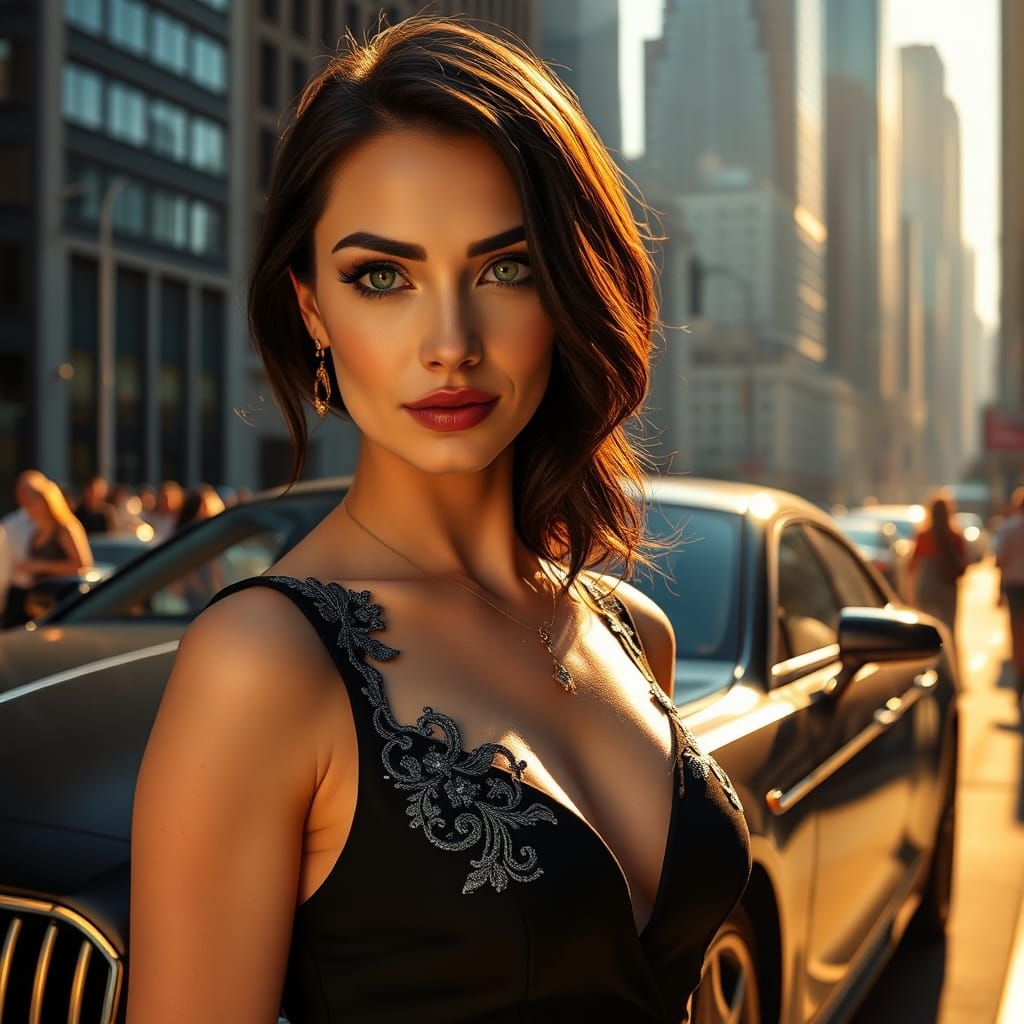 Hyperrealistic Woman Advertises Luxury Car on City Street