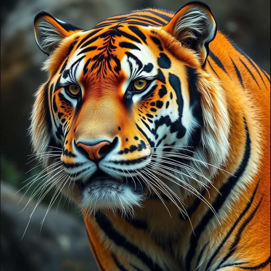 Hyperrealistic Tiger Portrait in Vibrant Orange and Black St...