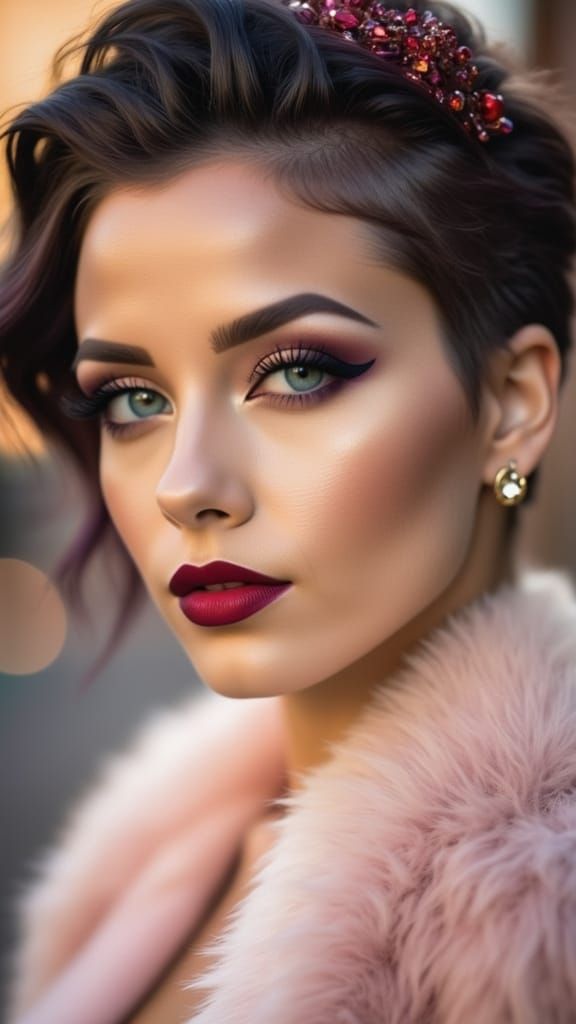 Glamorous Woman with Red Gemstone Headband in Hollywood Styl...