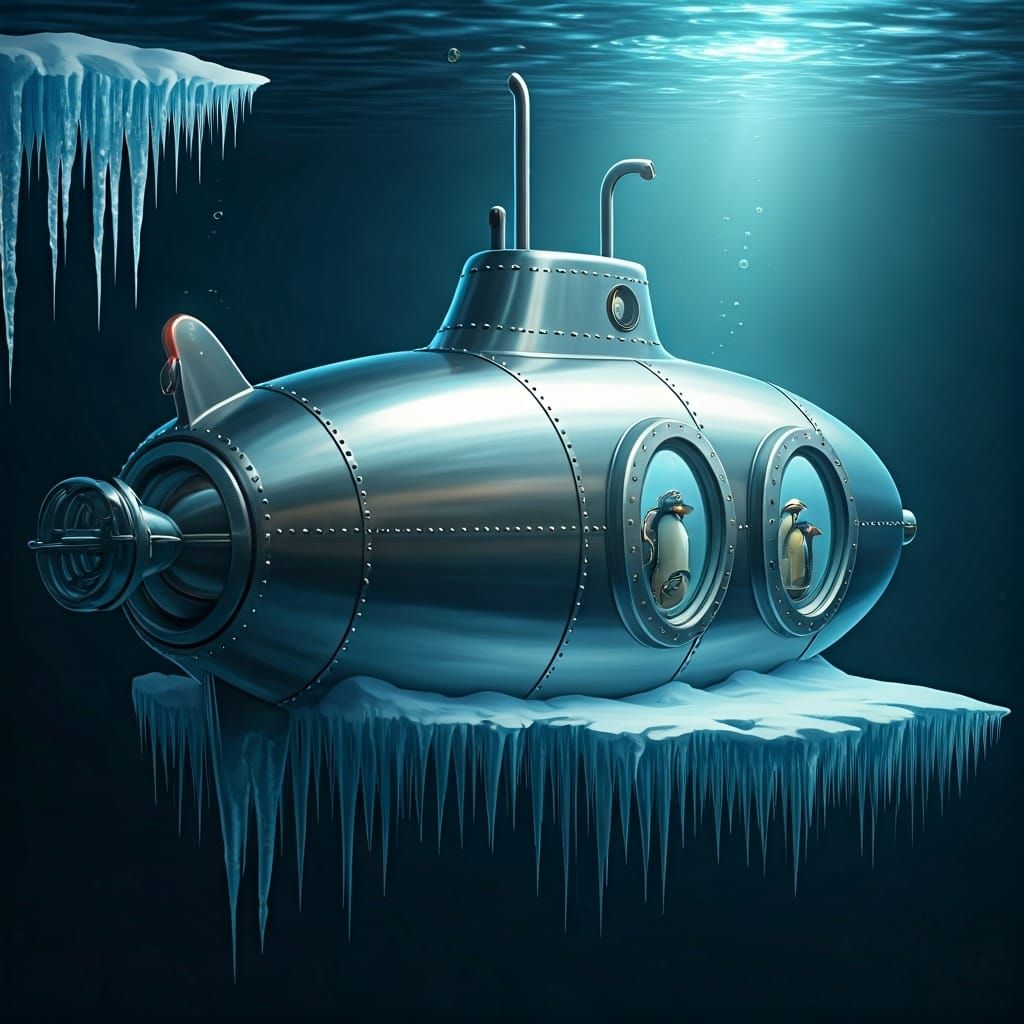 Chrome Submarine Explores Frozen Ocean Depths