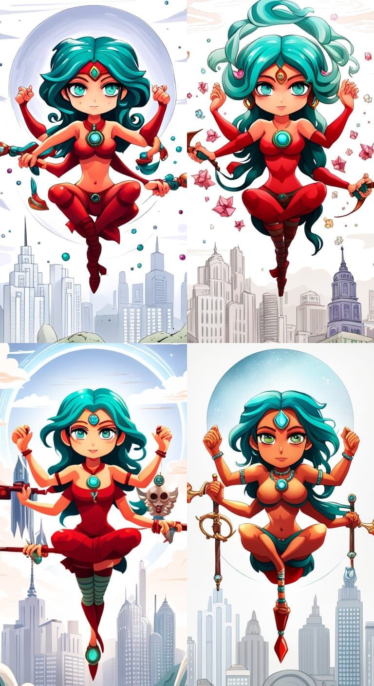 Chibi Anime Hindu Goddess with Weapons, Digital Art