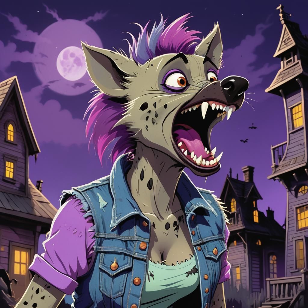 Feminine Hyena Screams in Front of Haunted House in Cartoon ...