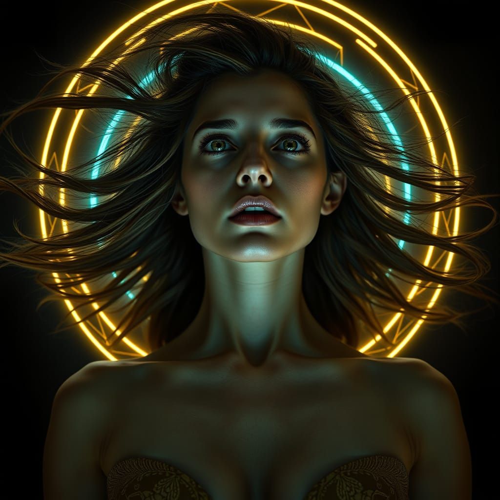 Mythic Woman's Dramatic Awakening in Art Nouveau Futurism