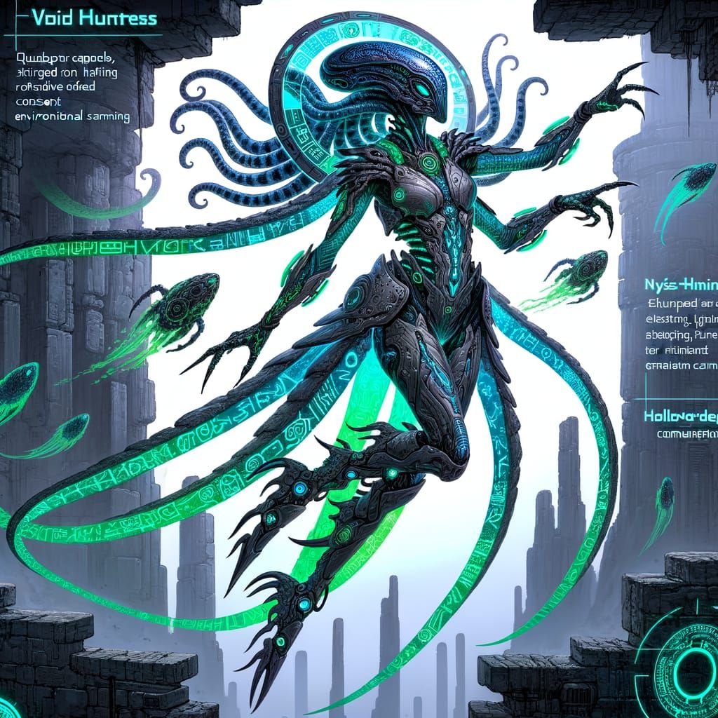Void Huntress Nyss’Qin Leaping Through Alien Ruins