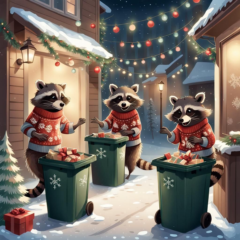 Festive Raccoons Dancing in Manga Illustration