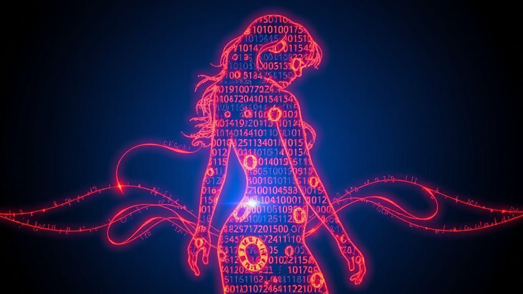 Glowing Binary Woman Silhouette in Digital Void
