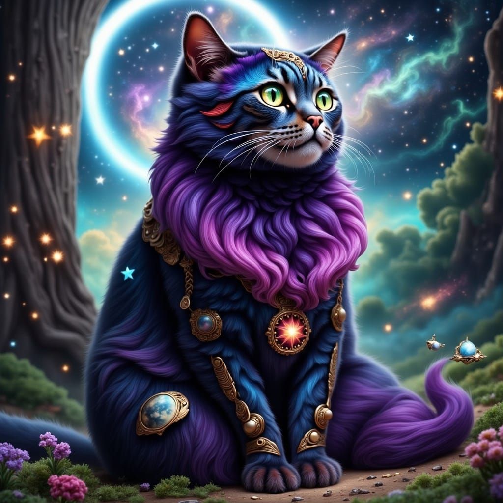 Colorful Neko Cat in Forest with Zodiac Symbols