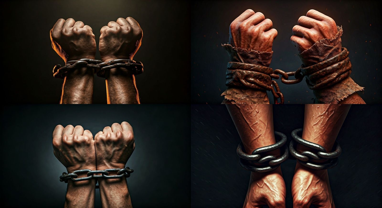 Gritty Realism Portrays Shackled Hands in Dramatic Struggle