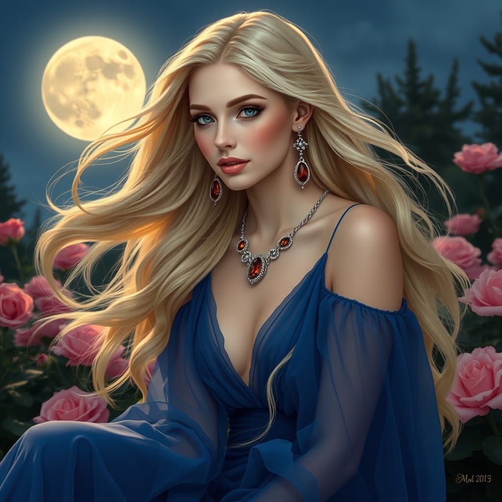 Goddess in Moonlit Rose Garden