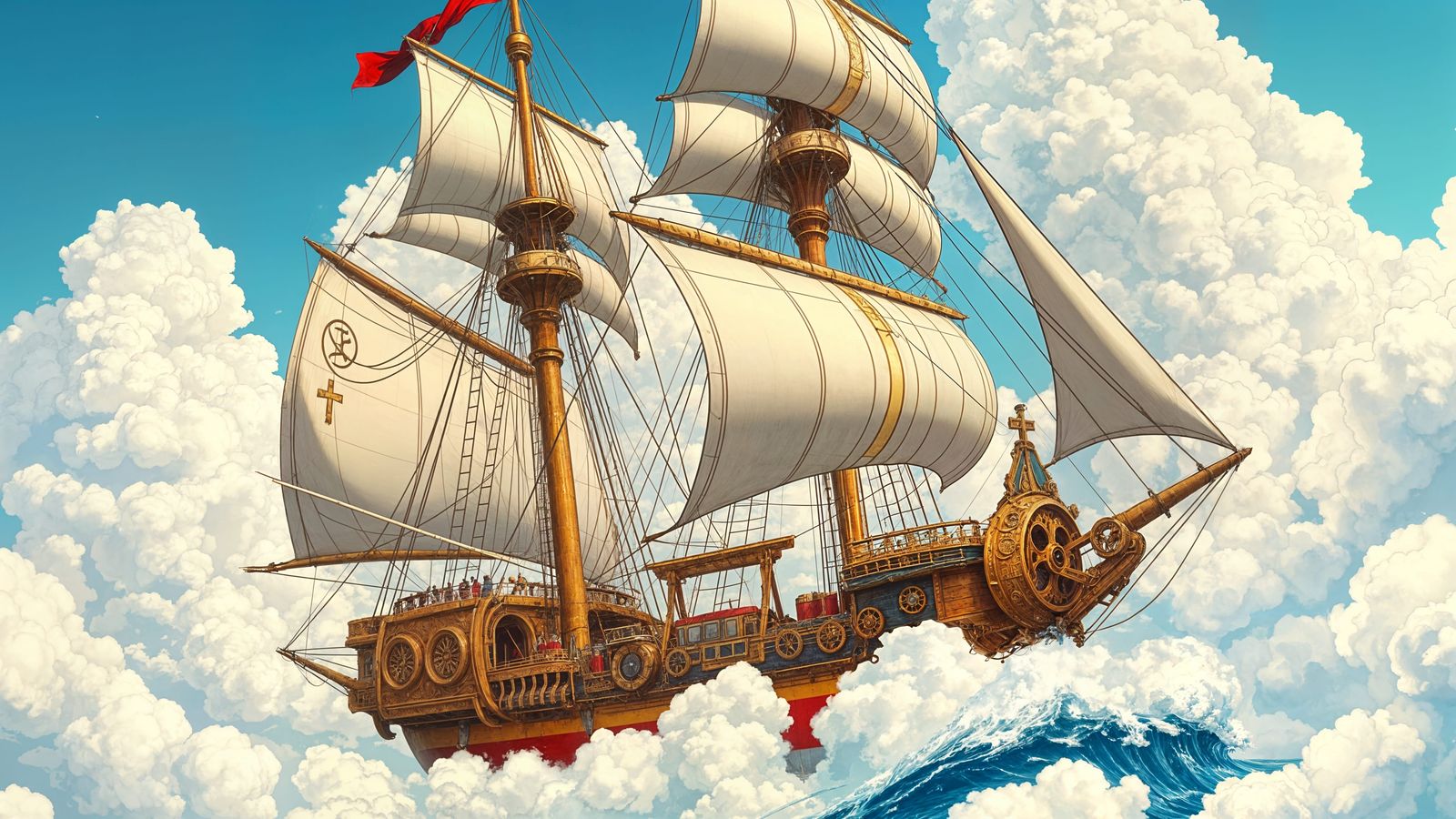 Steampunk Schooner Sailing on Clouds in Anime Style