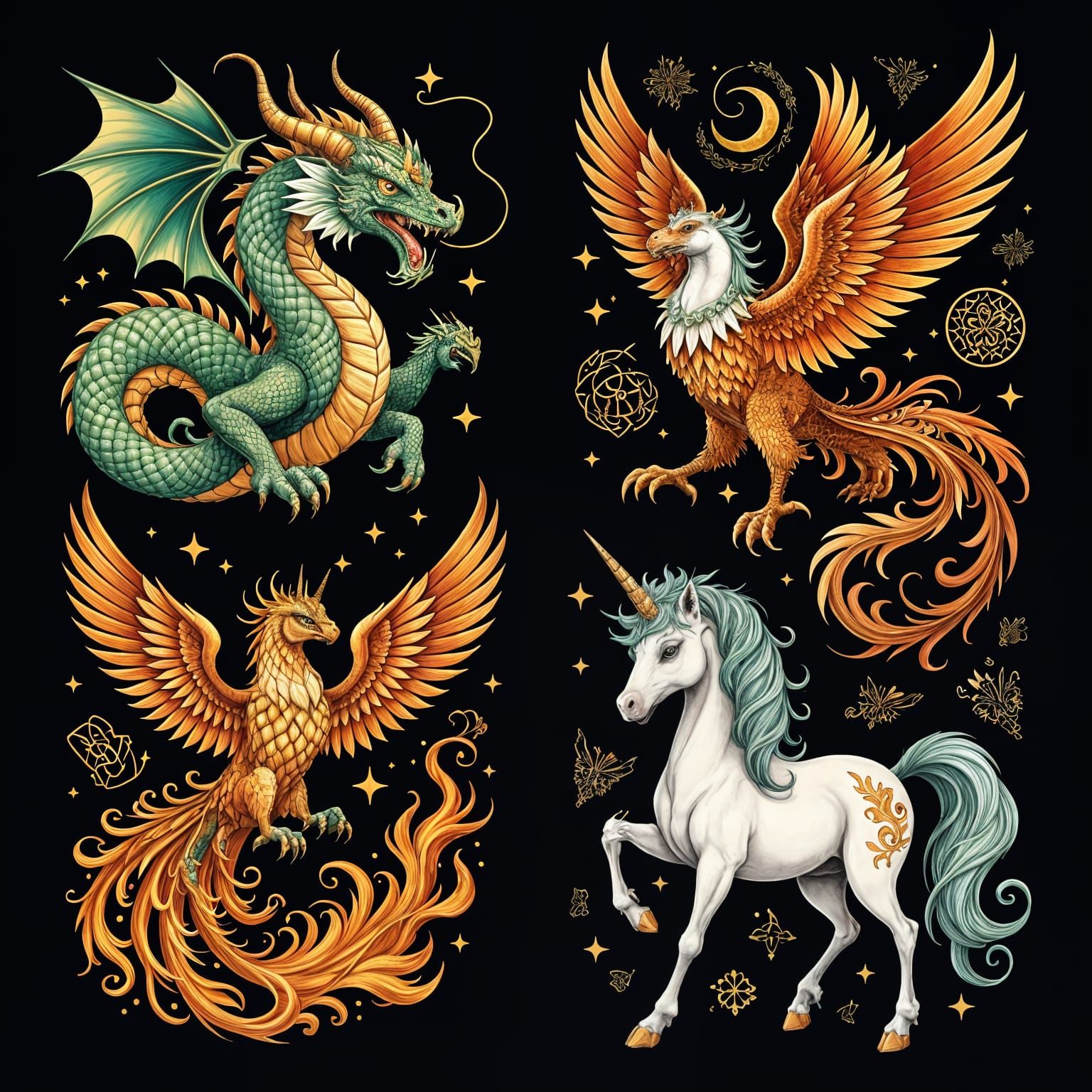 Mythical Creatures Tattoo Flash Sheet in Art Nouveau Style