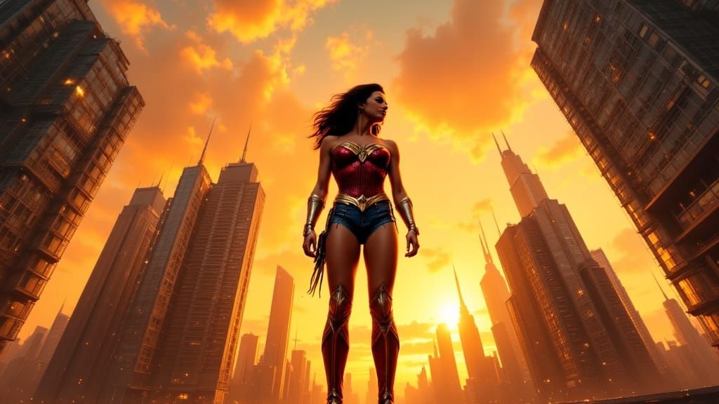 Wonder Woman in Shattered Cyberpunk Cityscape