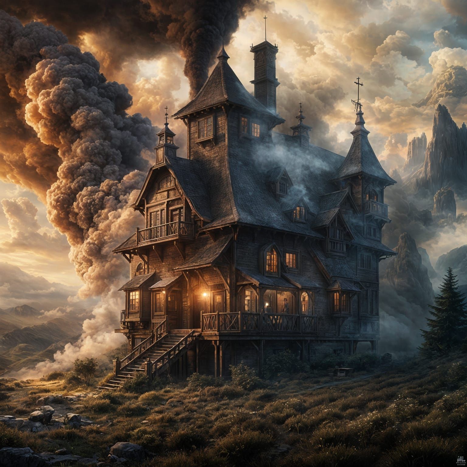 Mystical Smoke House in Digital Matte Painting Style
