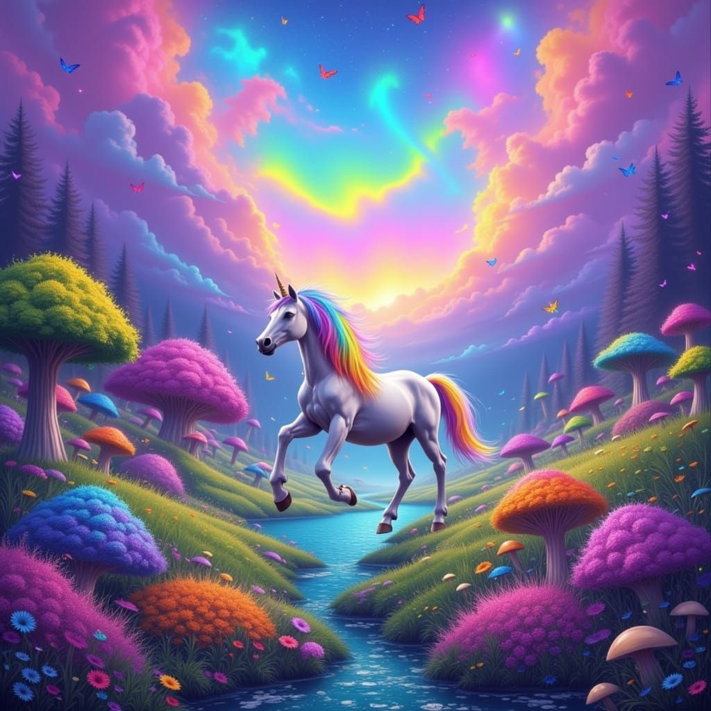 Unicorn in Rainbow Meadow, Digital Art