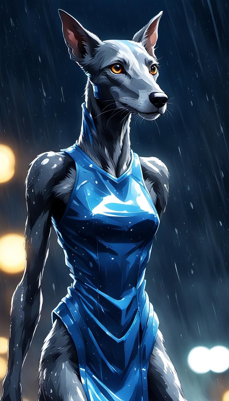 Anthropomorphic Greyhound in Blue Dress Anime Style