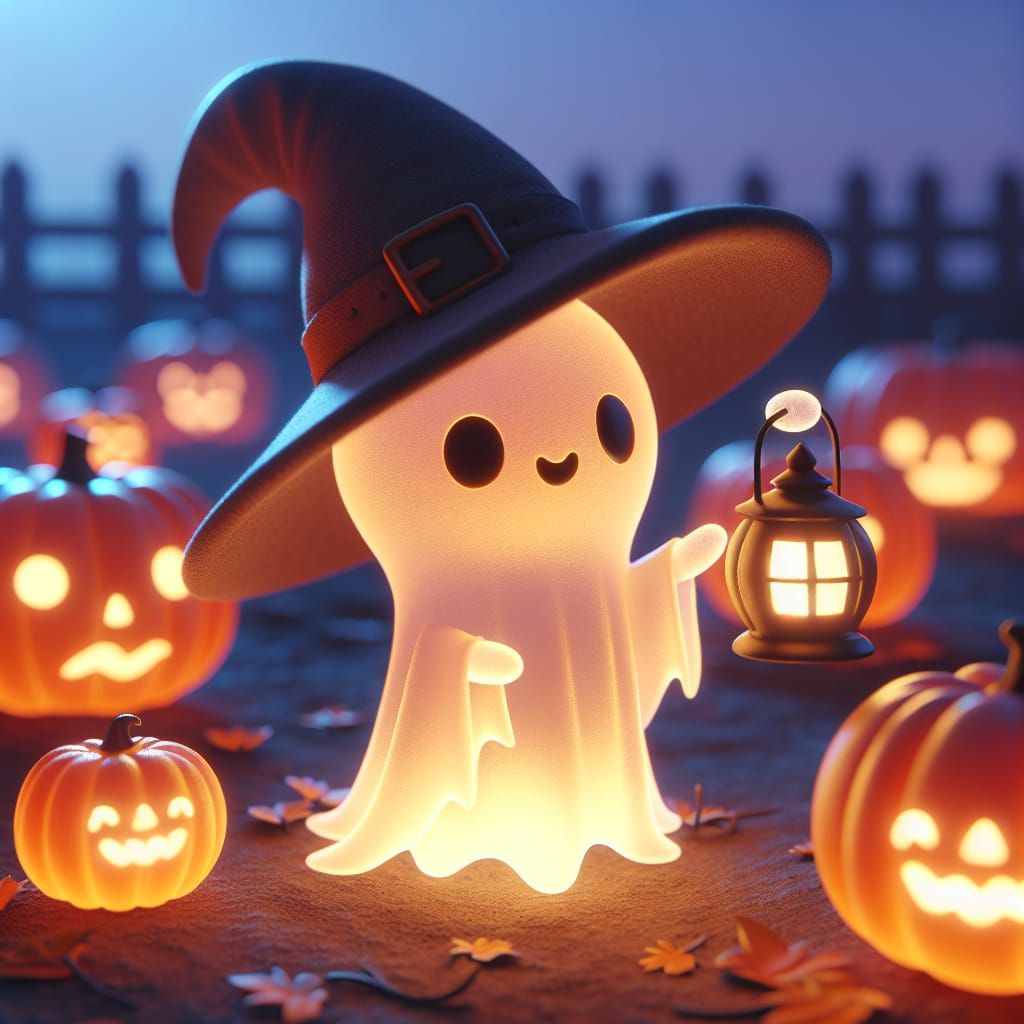 Cute Phantom in Glowing Pumpkin Patch at Dusk