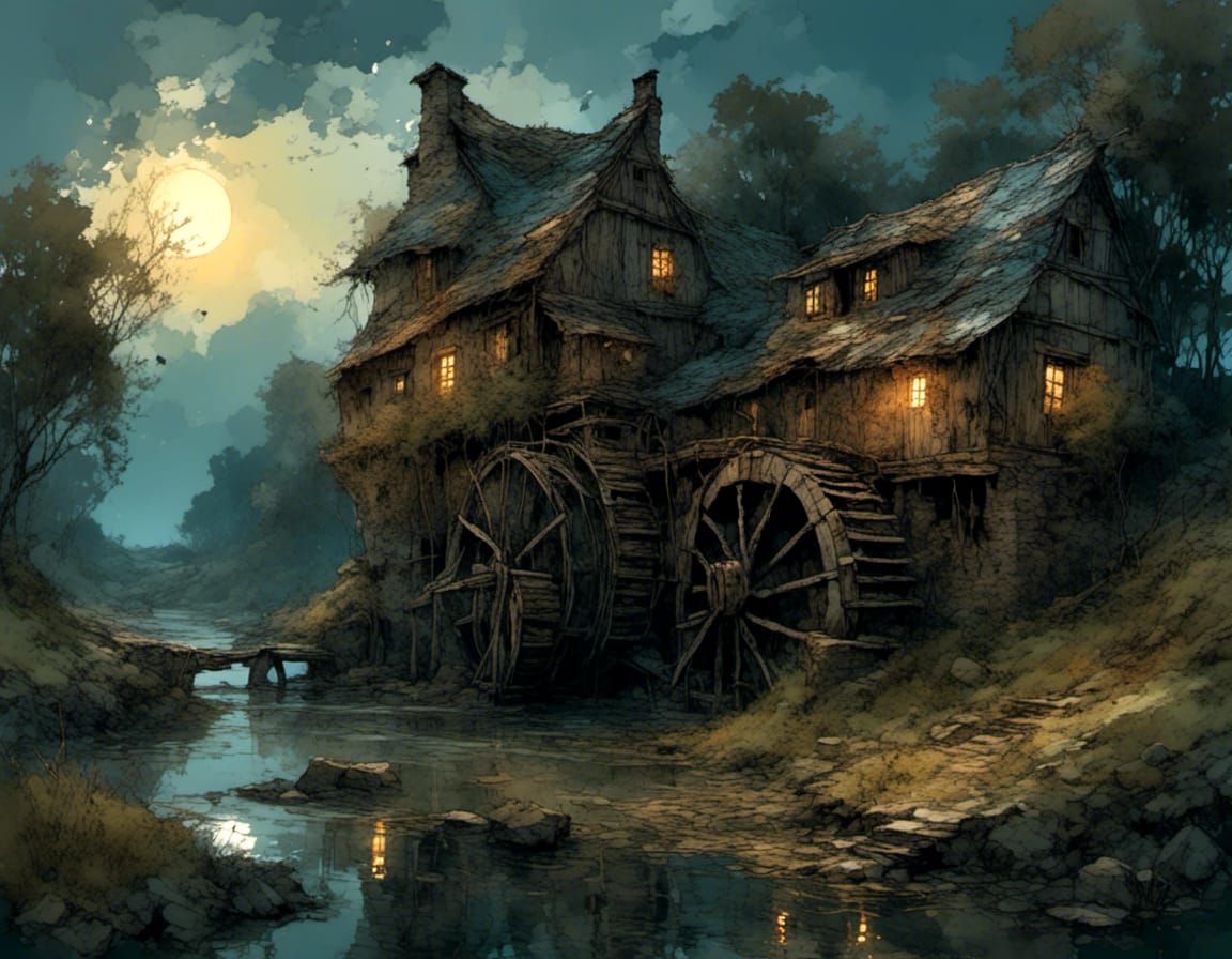 Watermill by moonlight
