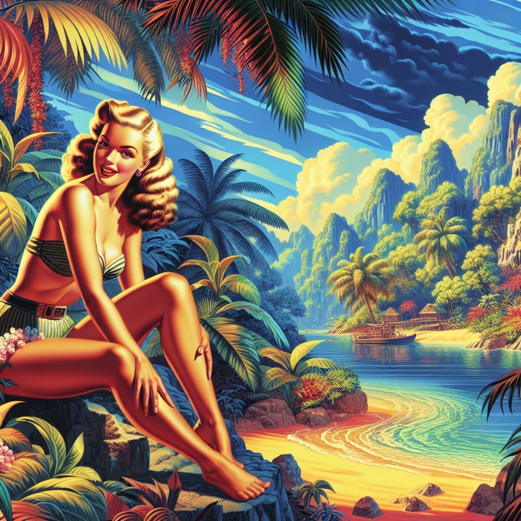 Alberto Vargas inspired beautiful blonde bikini pinup girl posing by jungle beach.