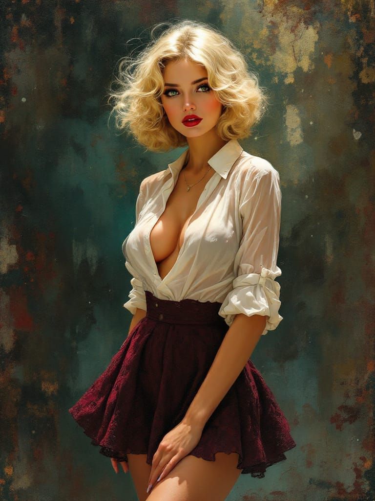 1950s Pin-Up Woman in Lace Skirt, Atmospheric Oil Painting