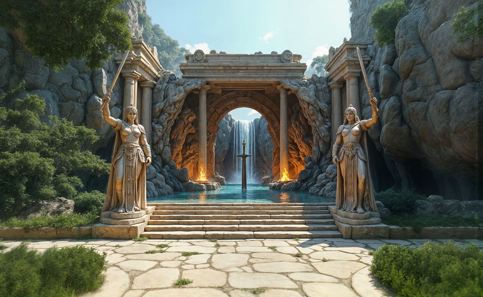 Warrior Statues Guarding Cave Temple Entrance