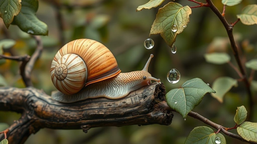Snail Gazing at Raindrops in Dreamy Botanical Art