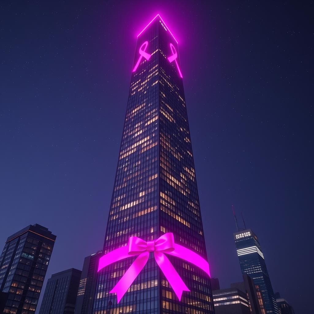 Pink Ribbon Skyscraper in Starry Night Sky
