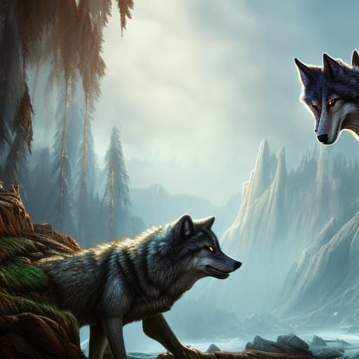 Detailed Wolves Matte Painting in Deep Color