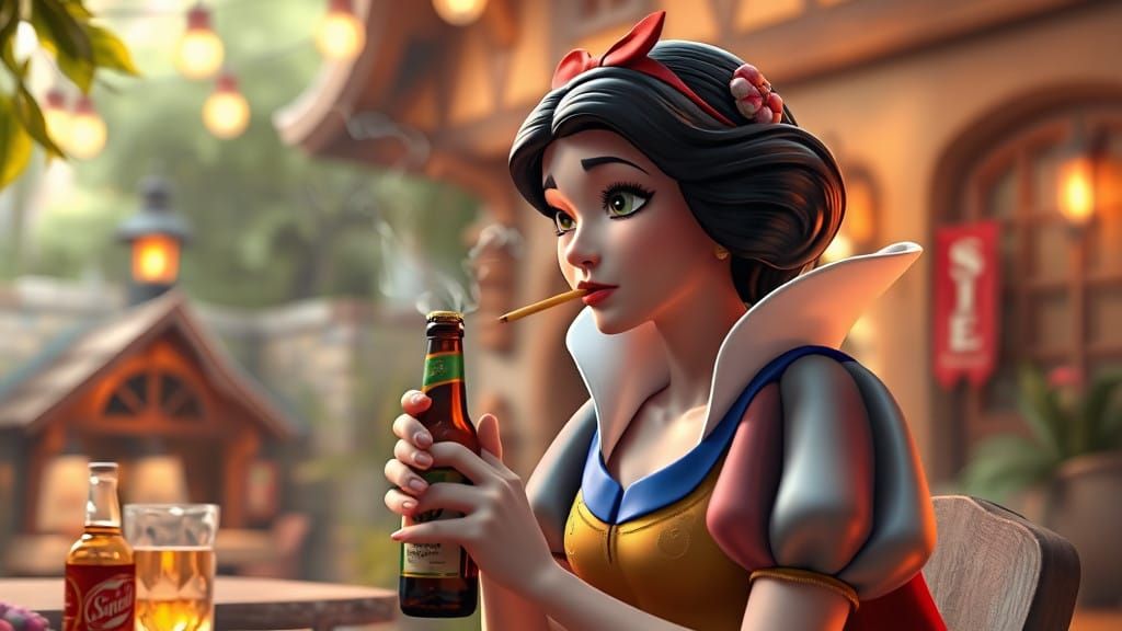 Disney's Snow White smoking a cigarette and drinking a bottle of beer in the cozy courtyard of the dwarf's house. Beauti...